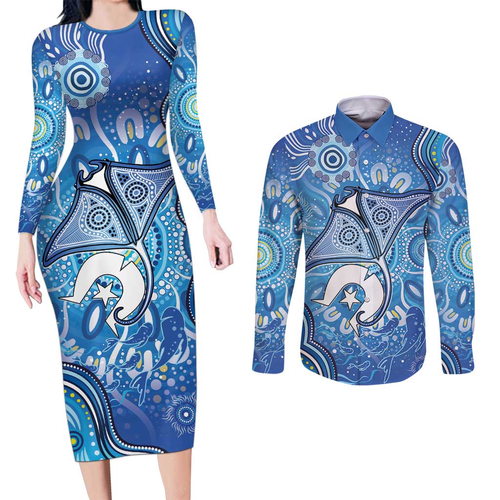 Torres Strait Islander Dhari Stingray Couples Matching Long Sleeve Bodycon Dress and Long Sleeve Button Shirt Aboriginal Dot Art Blue Pastel Style