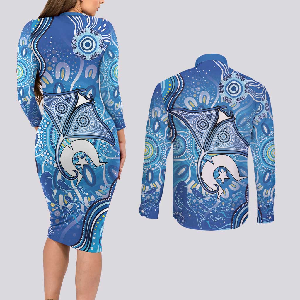 Torres Strait Islander Dhari Stingray Couples Matching Long Sleeve Bodycon Dress and Long Sleeve Button Shirt Aboriginal Dot Art Blue Pastel Style