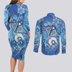 Torres Strait Islander Dhari Stingray Couples Matching Long Sleeve Bodycon Dress and Long Sleeve Button Shirt Aboriginal Dot Art Blue Pastel Style