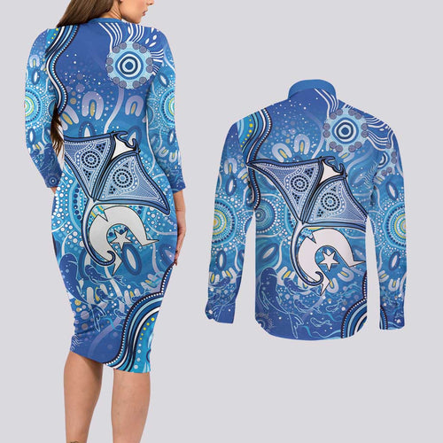Torres Strait Islander Dhari Stingray Couples Matching Long Sleeve Bodycon Dress and Long Sleeve Button Shirt Aboriginal Dot Art Blue Pastel Style