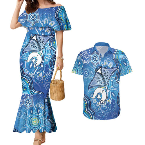 Torres Strait Islander Dhari Stingray Couples Matching Mermaid Dress and Hawaiian Shirt Aboriginal Dot Art Blue Pastel Style