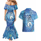 Torres Strait Islander Dhari Stingray Couples Matching Mermaid Dress and Hawaiian Shirt Aboriginal Dot Art Blue Pastel Style