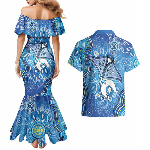 Torres Strait Islander Dhari Stingray Couples Matching Mermaid Dress and Hawaiian Shirt Aboriginal Dot Art Blue Pastel Style