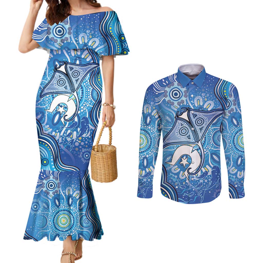 Torres Strait Islander Dhari Stingray Couples Matching Mermaid Dress and Long Sleeve Button Shirt Aboriginal Dot Art Blue Pastel Style