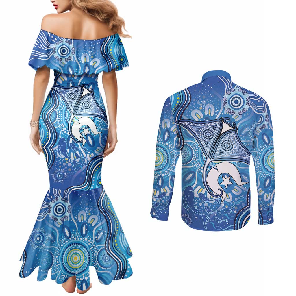 Torres Strait Islander Dhari Stingray Couples Matching Mermaid Dress and Long Sleeve Button Shirt Aboriginal Dot Art Blue Pastel Style