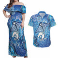Torres Strait Islander Dhari Stingray Couples Matching Off Shoulder Maxi Dress and Hawaiian Shirt Aboriginal Dot Art Blue Pastel Style
