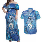 Torres Strait Islander Dhari Stingray Couples Matching Off Shoulder Maxi Dress and Hawaiian Shirt Aboriginal Dot Art Blue Pastel Style