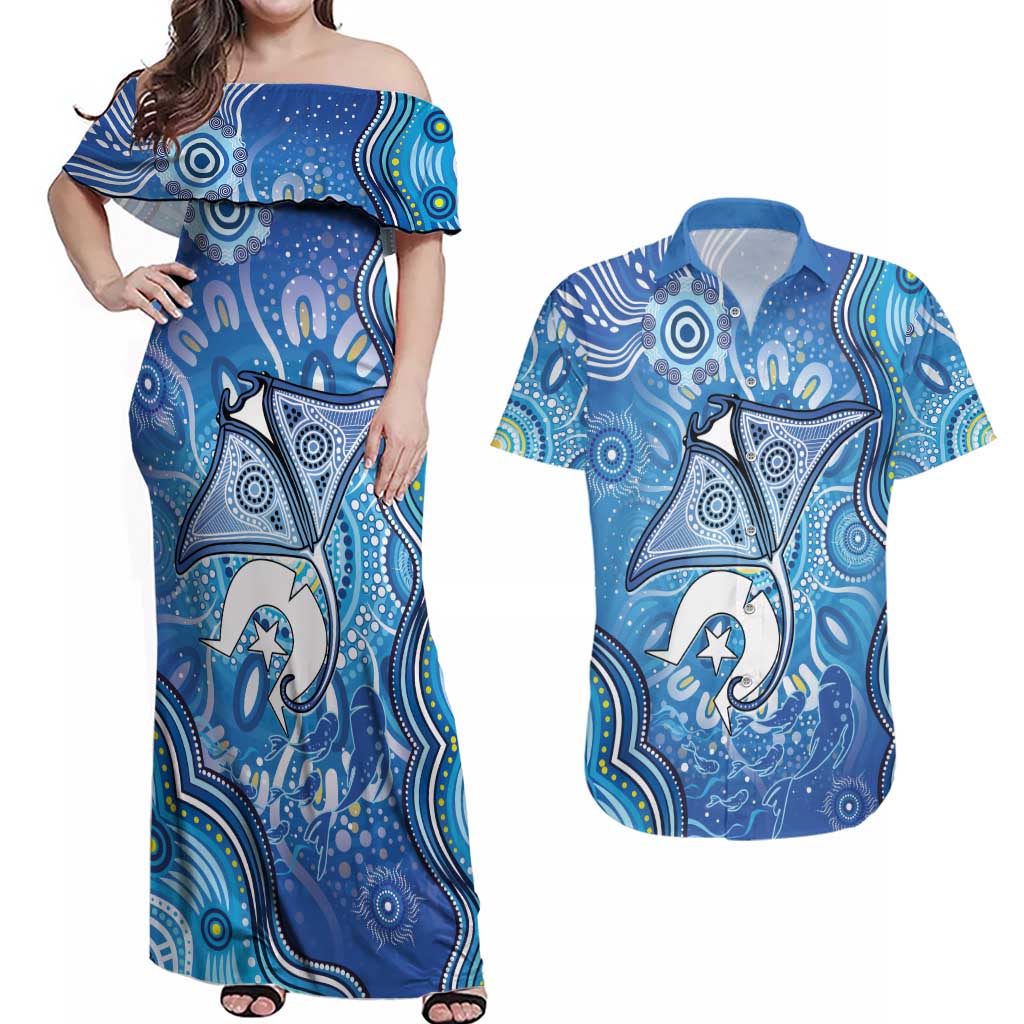 Torres Strait Islander Dhari Stingray Couples Matching Off Shoulder Maxi Dress and Hawaiian Shirt Aboriginal Dot Art Blue Pastel Style