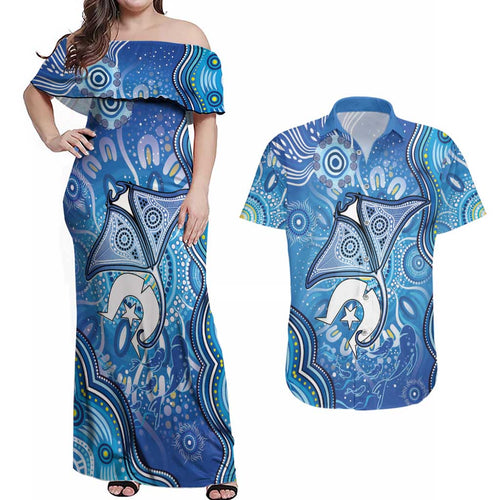 Torres Strait Islander Dhari Stingray Couples Matching Off Shoulder Maxi Dress and Hawaiian Shirt Aboriginal Dot Art Blue Pastel Style