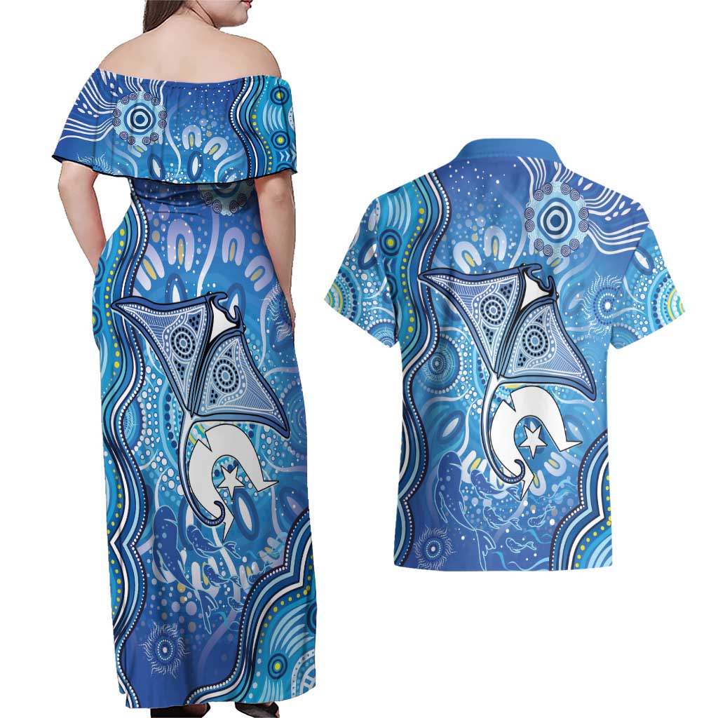 Torres Strait Islander Dhari Stingray Couples Matching Off Shoulder Maxi Dress and Hawaiian Shirt Aboriginal Dot Art Blue Pastel Style