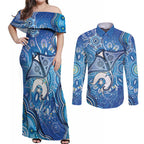 Torres Strait Islander Dhari Stingray Couples Matching Off Shoulder Maxi Dress and Long Sleeve Button Shirt Aboriginal Dot Art Blue Pastel Style