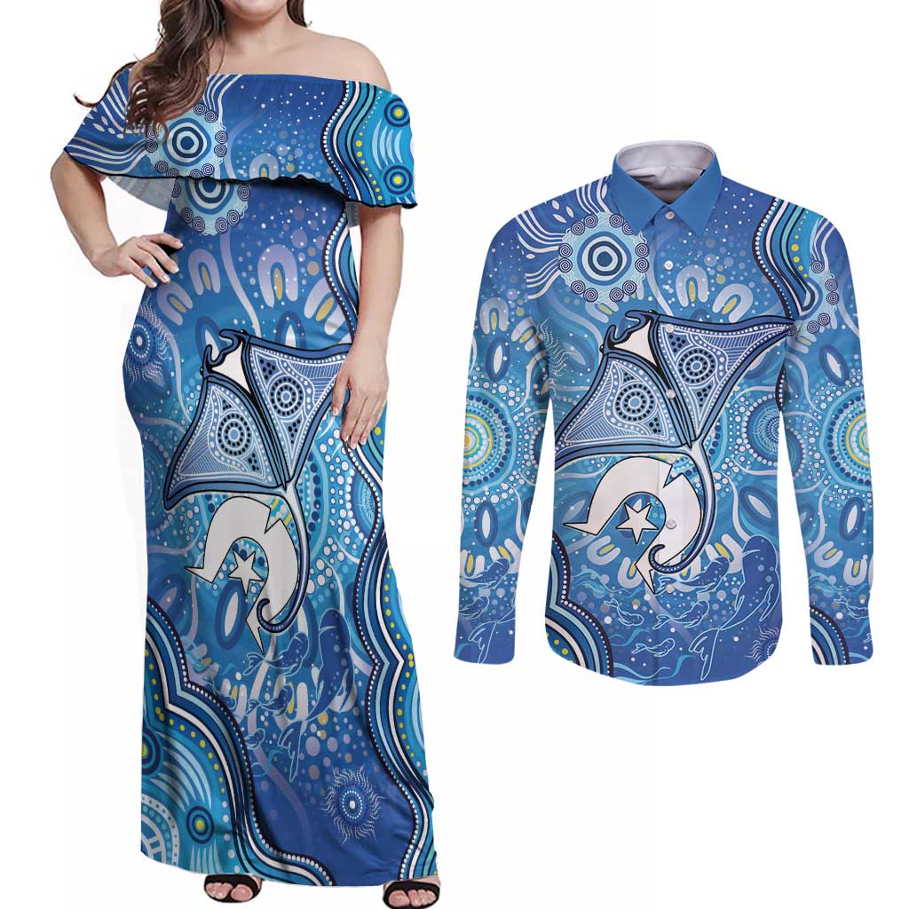 Torres Strait Islander Dhari Stingray Couples Matching Off Shoulder Maxi Dress and Long Sleeve Button Shirt Aboriginal Dot Art Blue Pastel Style