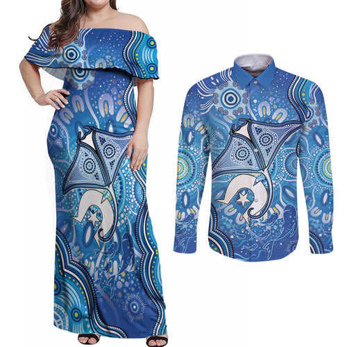 Torres Strait Islander Dhari Stingray Couples Matching Off Shoulder Maxi Dress and Long Sleeve Button Shirt Aboriginal Dot Art Blue Pastel Style