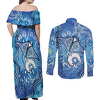 Torres Strait Islander Dhari Stingray Couples Matching Off Shoulder Maxi Dress and Long Sleeve Button Shirt Aboriginal Dot Art Blue Pastel Style