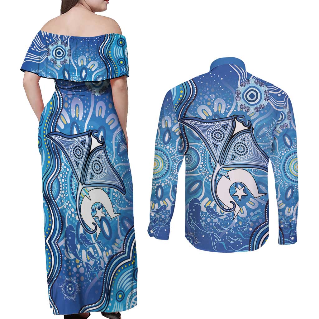 Torres Strait Islander Dhari Stingray Couples Matching Off Shoulder Maxi Dress and Long Sleeve Button Shirt Aboriginal Dot Art Blue Pastel Style