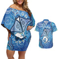 Torres Strait Islander Dhari Stingray Couples Matching Off Shoulder Short Dress and Hawaiian Shirt Aboriginal Dot Art Blue Pastel Style