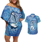 Torres Strait Islander Dhari Stingray Couples Matching Off Shoulder Short Dress and Hawaiian Shirt Aboriginal Dot Art Blue Pastel Style