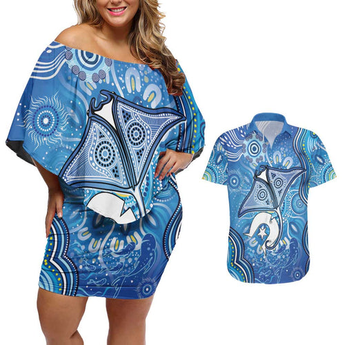 Torres Strait Islander Dhari Stingray Couples Matching Off Shoulder Short Dress and Hawaiian Shirt Aboriginal Dot Art Blue Pastel Style