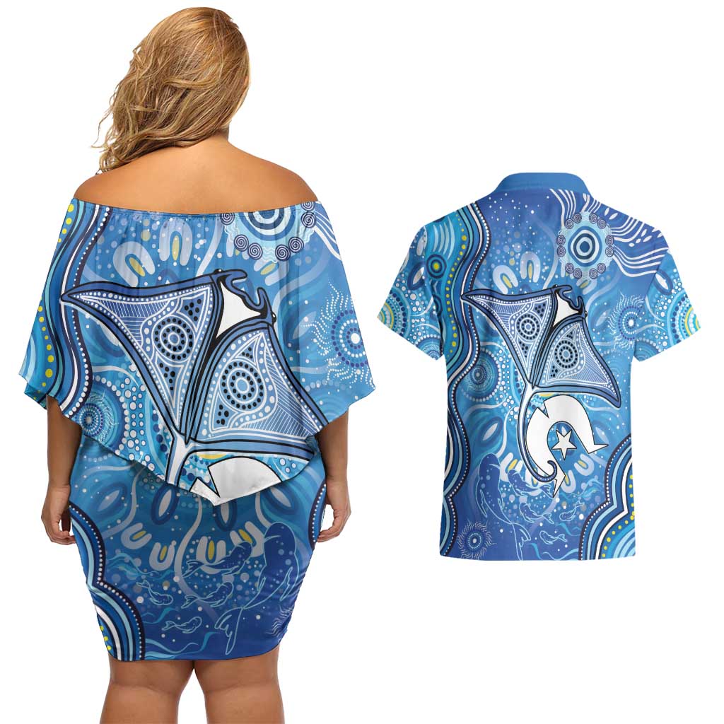 Torres Strait Islander Dhari Stingray Couples Matching Off Shoulder Short Dress and Hawaiian Shirt Aboriginal Dot Art Blue Pastel Style