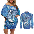 Torres Strait Islander Dhari Stingray Couples Matching Off Shoulder Short Dress and Long Sleeve Button Shirt Aboriginal Dot Art Blue Pastel Style