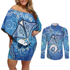 Torres Strait Islander Dhari Stingray Couples Matching Off Shoulder Short Dress and Long Sleeve Button Shirt Aboriginal Dot Art Blue Pastel Style