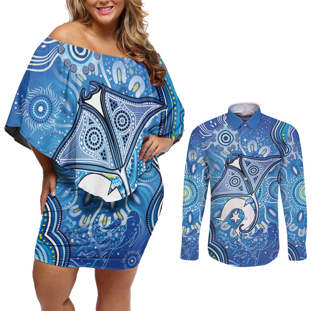Torres Strait Islander Dhari Stingray Couples Matching Off Shoulder Short Dress and Long Sleeve Button Shirt Aboriginal Dot Art Blue Pastel Style