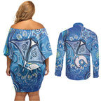 Torres Strait Islander Dhari Stingray Couples Matching Off Shoulder Short Dress and Long Sleeve Button Shirt Aboriginal Dot Art Blue Pastel Style