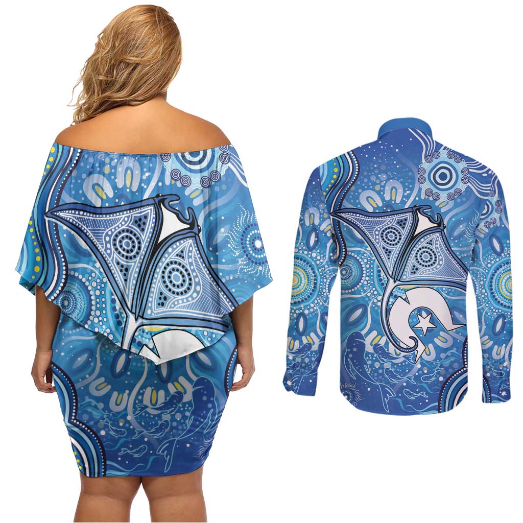 Torres Strait Islander Dhari Stingray Couples Matching Off Shoulder Short Dress and Long Sleeve Button Shirt Aboriginal Dot Art Blue Pastel Style