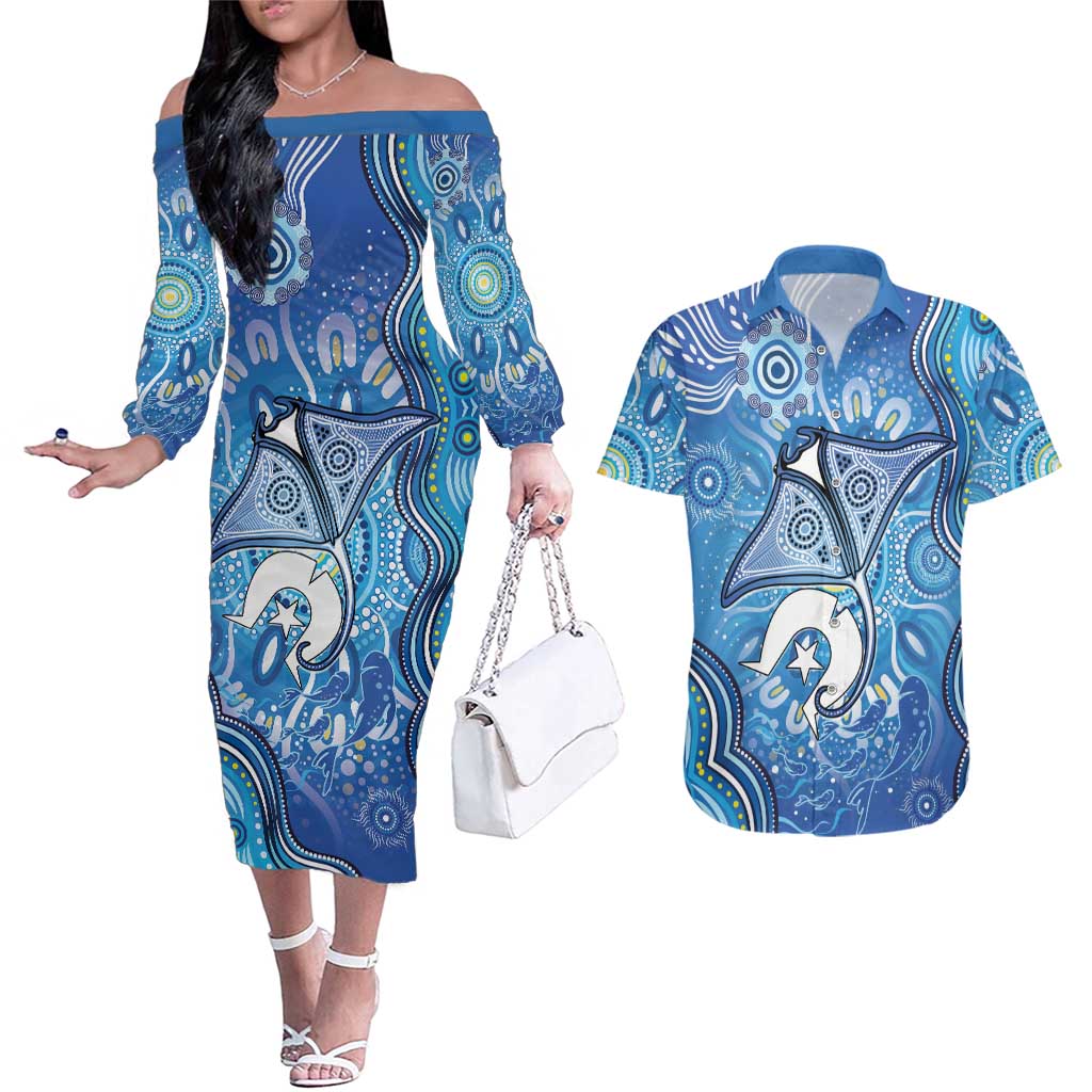 Torres Strait Islander Dhari Stingray Couples Matching Off The Shoulder Long Sleeve Dress and Hawaiian Shirt Aboriginal Dot Art Blue Pastel Style