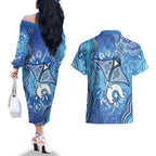 Torres Strait Islander Dhari Stingray Couples Matching Off The Shoulder Long Sleeve Dress and Hawaiian Shirt Aboriginal Dot Art Blue Pastel Style