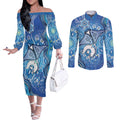 Torres Strait Islander Dhari Stingray Couples Matching Off The Shoulder Long Sleeve Dress and Long Sleeve Button Shirt Aboriginal Dot Art Blue Pastel Style