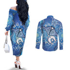 Torres Strait Islander Dhari Stingray Couples Matching Off The Shoulder Long Sleeve Dress and Long Sleeve Button Shirt Aboriginal Dot Art Blue Pastel Style