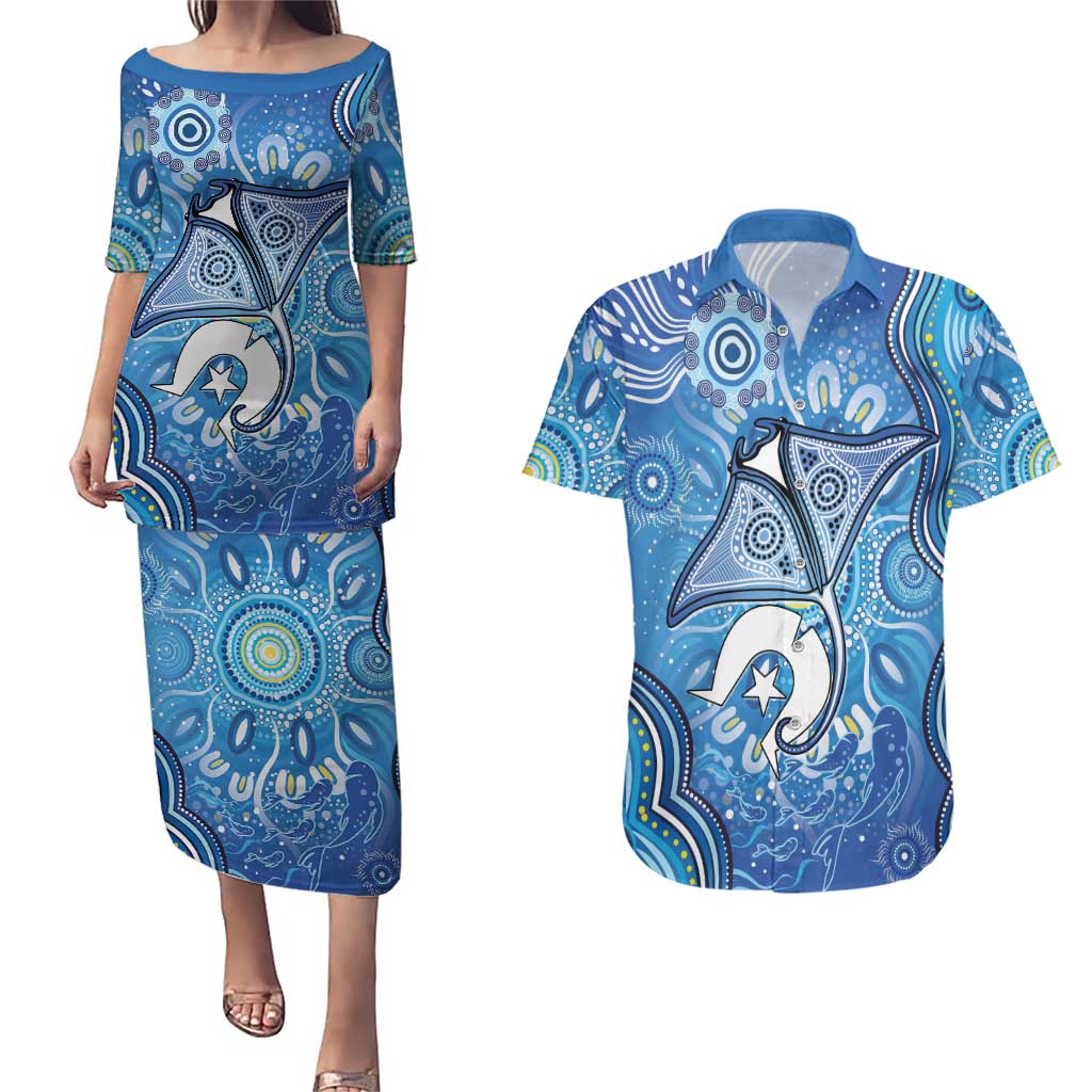 Torres Strait Islander Dhari Stingray Couples Matching Puletasi and Hawaiian Shirt Aboriginal Dot Art Blue Pastel Style