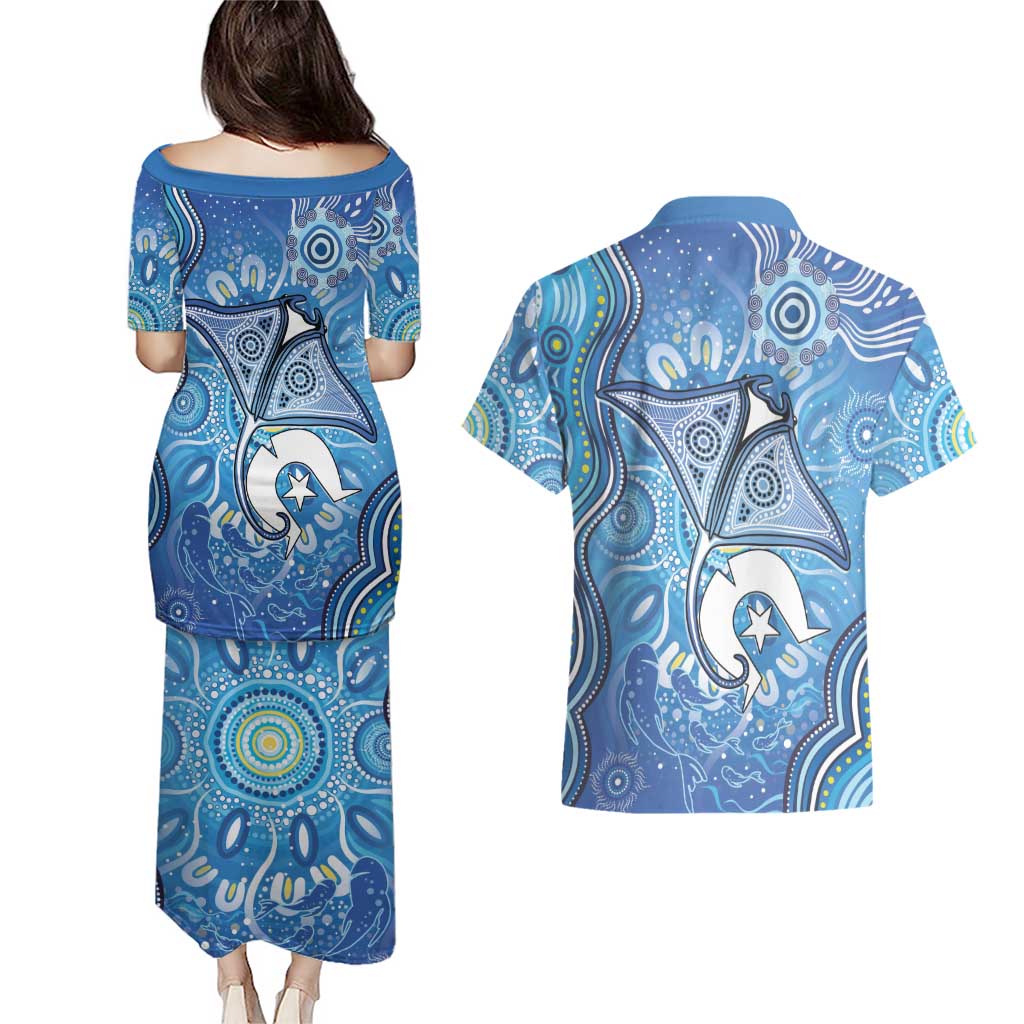 Torres Strait Islander Dhari Stingray Couples Matching Puletasi and Hawaiian Shirt Aboriginal Dot Art Blue Pastel Style