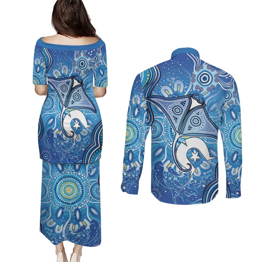 Torres Strait Islander Dhari Stingray Couples Matching Puletasi and Long Sleeve Button Shirt Aboriginal Dot Art Blue Pastel Style