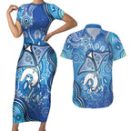 Torres Strait Islander Dhari Stingray Couples Matching Short Sleeve Bodycon Dress and Hawaiian Shirt Aboriginal Dot Art Blue Pastel Style