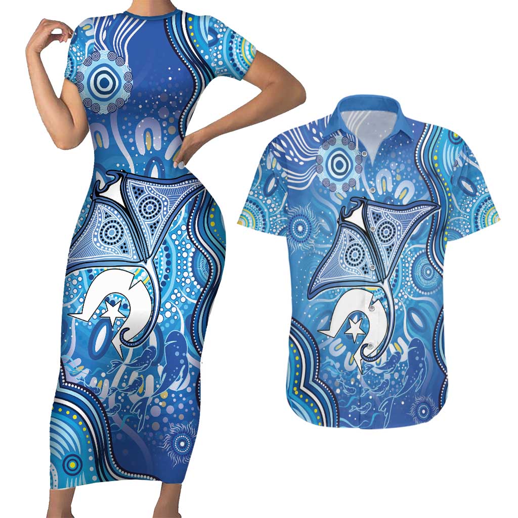 Torres Strait Islander Dhari Stingray Couples Matching Short Sleeve Bodycon Dress and Hawaiian Shirt Aboriginal Dot Art Blue Pastel Style