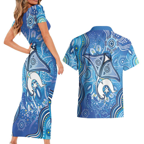 Torres Strait Islander Dhari Stingray Couples Matching Short Sleeve Bodycon Dress and Hawaiian Shirt Aboriginal Dot Art Blue Pastel Style