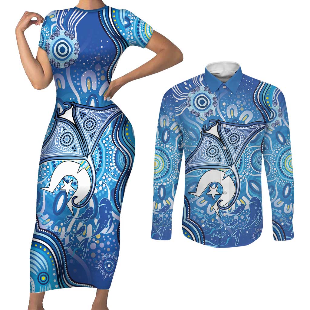 Torres Strait Islander Dhari Stingray Couples Matching Short Sleeve Bodycon Dress and Long Sleeve Button Shirt Aboriginal Dot Art Blue Pastel Style
