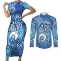 Torres Strait Islander Dhari Stingray Couples Matching Short Sleeve Bodycon Dress and Long Sleeve Button Shirt Aboriginal Dot Art Blue Pastel Style