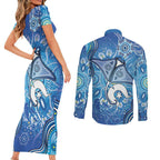 Torres Strait Islander Dhari Stingray Couples Matching Short Sleeve Bodycon Dress and Long Sleeve Button Shirt Aboriginal Dot Art Blue Pastel Style