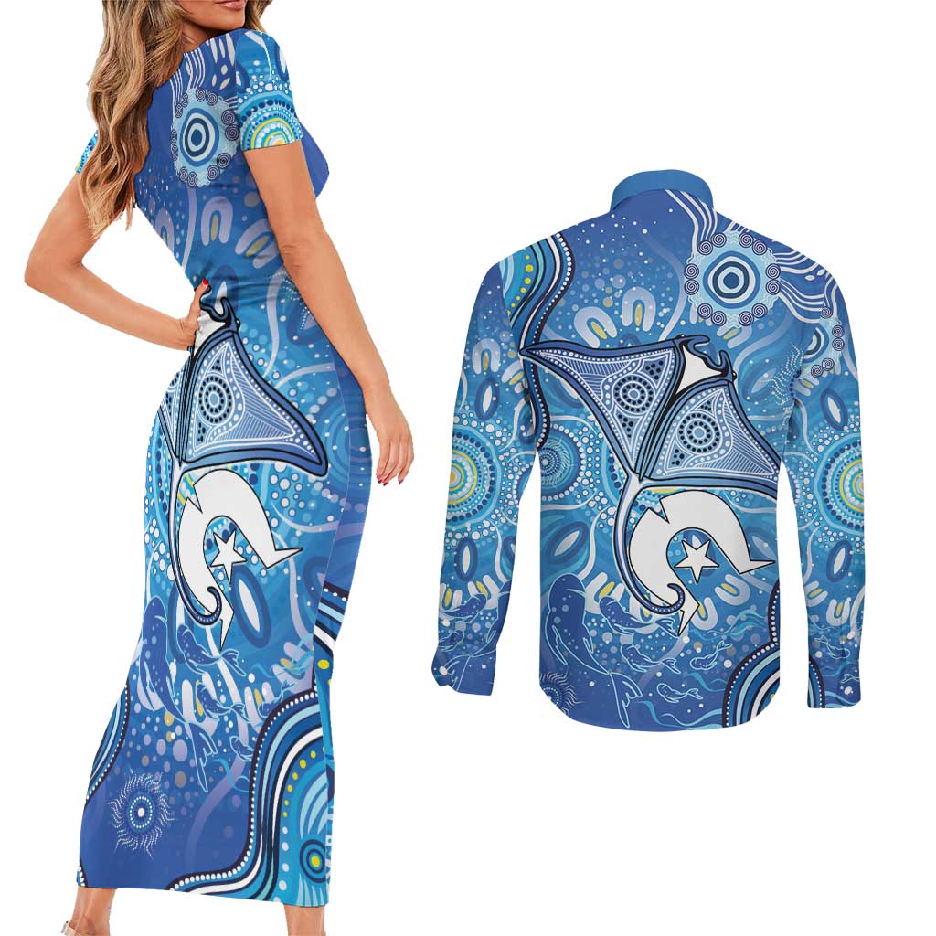Torres Strait Islander Dhari Stingray Couples Matching Short Sleeve Bodycon Dress and Long Sleeve Button Shirt Aboriginal Dot Art Blue Pastel Style