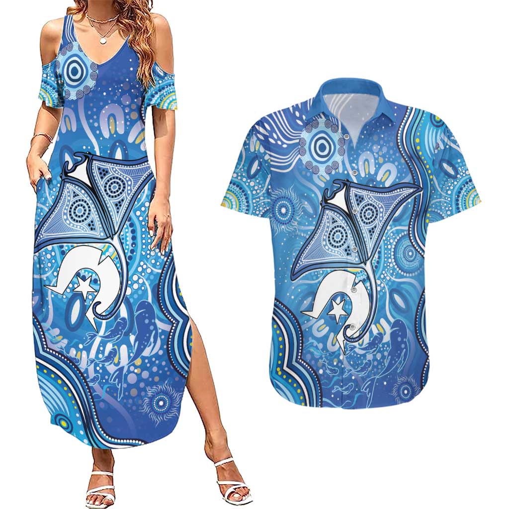 Torres Strait Islander Dhari Stingray Couples Matching Summer Maxi Dress and Hawaiian Shirt Aboriginal Dot Art Blue Pastel Style