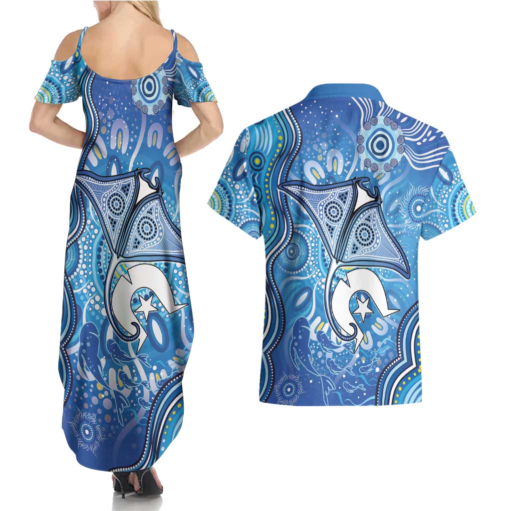 Torres Strait Islander Dhari Stingray Couples Matching Summer Maxi Dress and Hawaiian Shirt Aboriginal Dot Art Blue Pastel Style