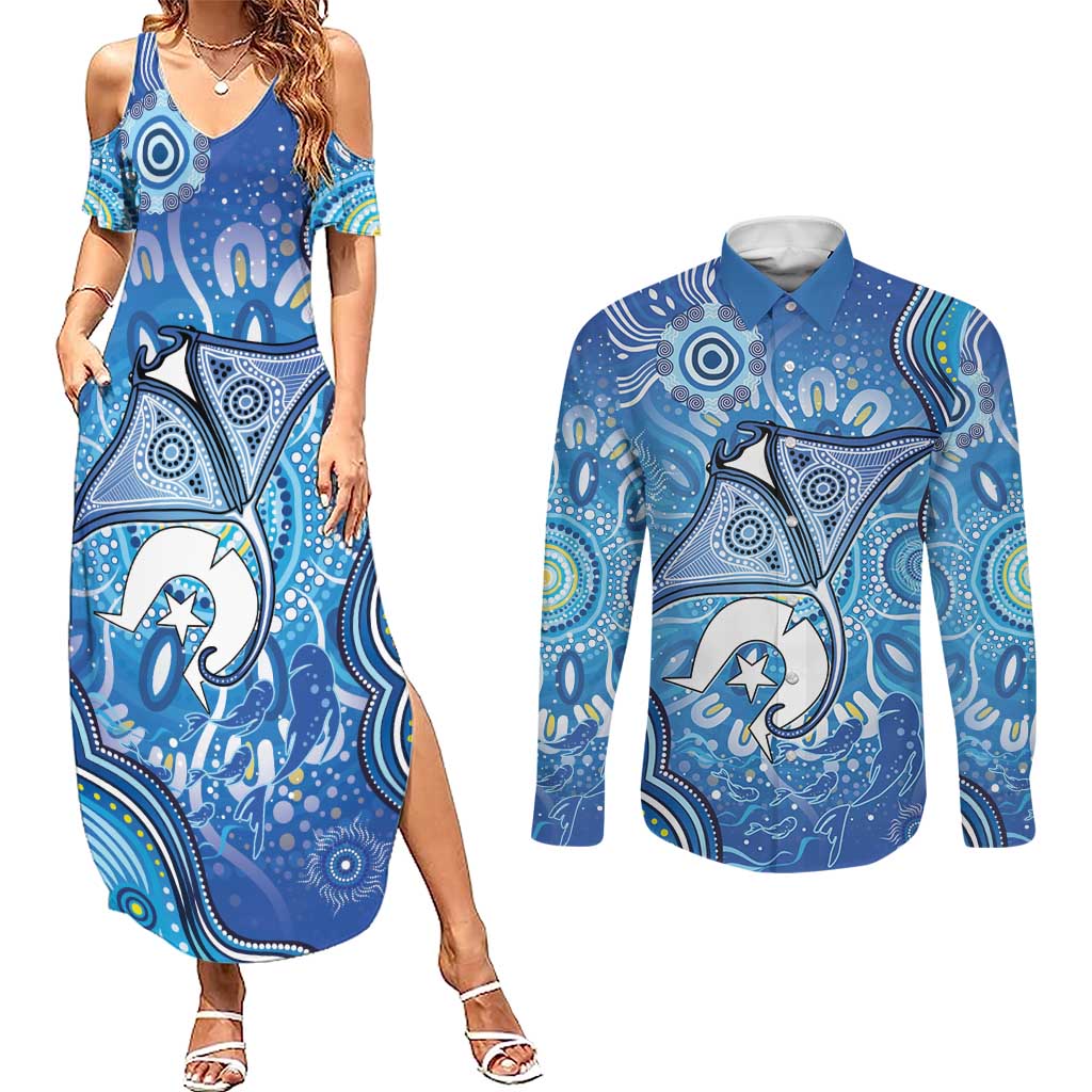 Torres Strait Islander Dhari Stingray Couples Matching Summer Maxi Dress and Long Sleeve Button Shirt Aboriginal Dot Art Blue Pastel Style