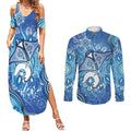 Torres Strait Islander Dhari Stingray Couples Matching Summer Maxi Dress and Long Sleeve Button Shirt Aboriginal Dot Art Blue Pastel Style