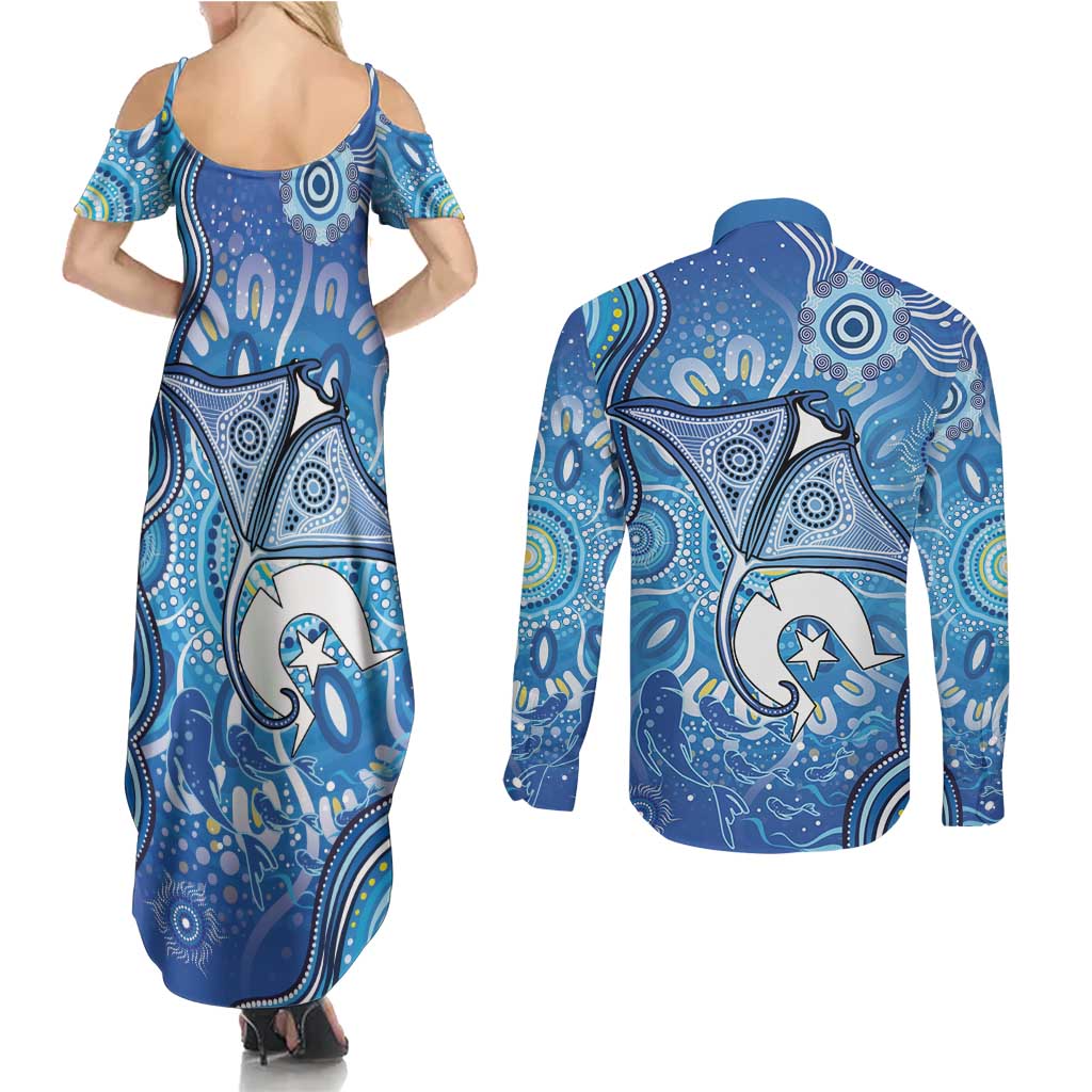 Torres Strait Islander Dhari Stingray Couples Matching Summer Maxi Dress and Long Sleeve Button Shirt Aboriginal Dot Art Blue Pastel Style