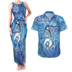 Torres Strait Islander Dhari Stingray Couples Matching Tank Maxi Dress and Hawaiian Shirt Aboriginal Dot Art Blue Pastel Style