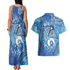 Torres Strait Islander Dhari Stingray Couples Matching Tank Maxi Dress and Hawaiian Shirt Aboriginal Dot Art Blue Pastel Style
