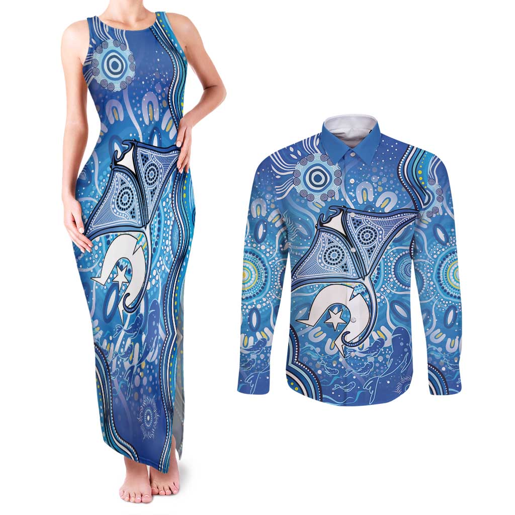 Torres Strait Islander Dhari Stingray Couples Matching Tank Maxi Dress and Long Sleeve Button Shirt Aboriginal Dot Art Blue Pastel Style